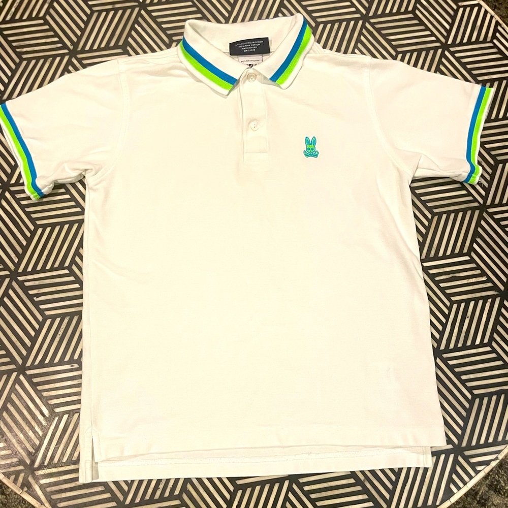 Psycho Bunny Polo (white w/ striped collar and sleeves) Boys Sz L (14-16)
